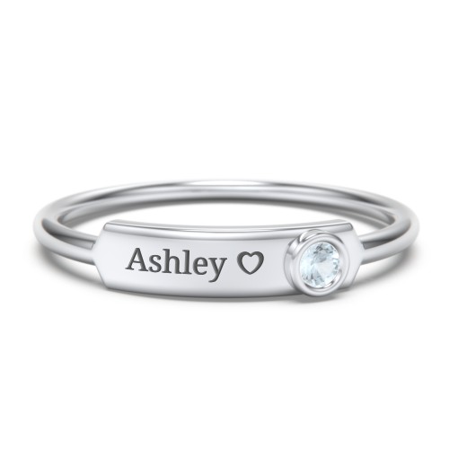 Engravable Bar Ring with Birthstone – Sterling Silver with Aquamarine