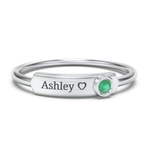 Engravable Bar Ring with Birthstone – Sterling Silver with Emerald
