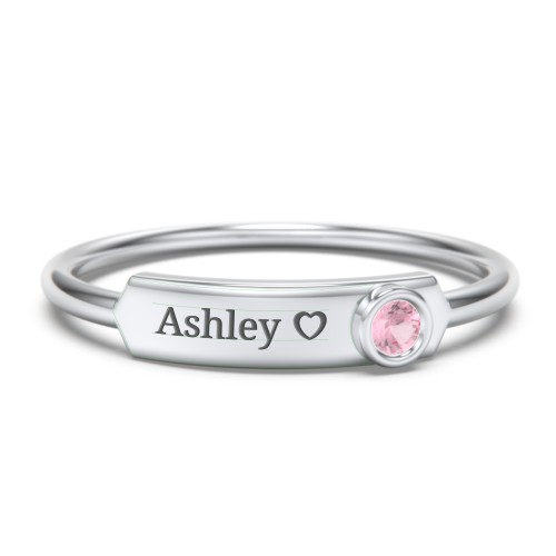 Engravable Bar Ring with Birthstone – Sterling Silver with Pink Tourmaline