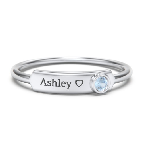 Engravable Bar Ring with Birthstone – Sterling Silver with Blue Topaz