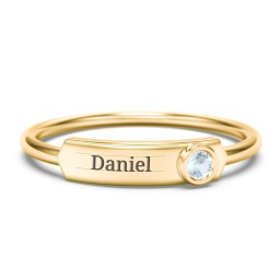 Engravable Bar Ring with Birthstone in 10K Solid Yellow Gold with Aquamarine