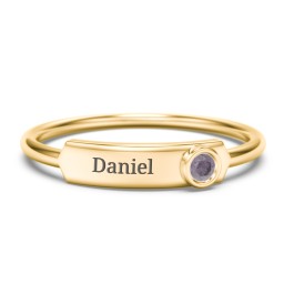 Engravable Bar Ring with Birthstone in 10K Solid Yellow Gold with Alexandrite