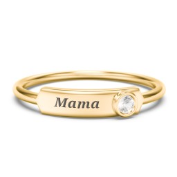 Engravable Bar Ring with Birthstone in 10K Solid Yellow Gold with Cubic Zirconia