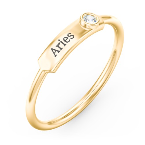 Engravable Bar Ring with Birthstone – 10K Yellow Gold with Cubic Zirconia