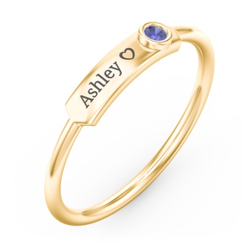 Engravable Bar Ring with Birthstone – 10K Yellow Gold with Blue Sapphire