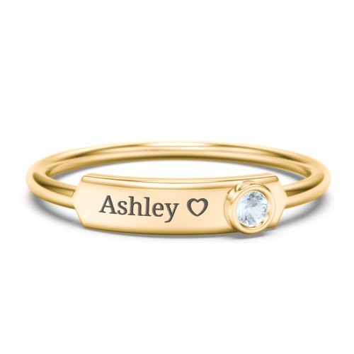 Engravable Bar Ring with Birthstone – 10K Yellow Gold with Aquamarine