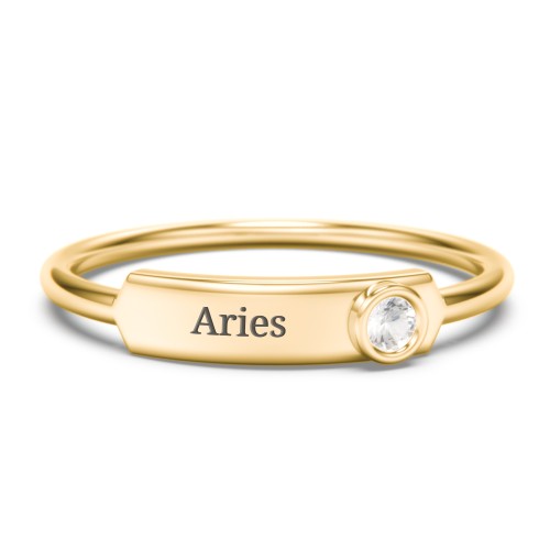 Engravable Bar Ring with Birthstone – 10K Yellow Gold with Cubic Zirconia