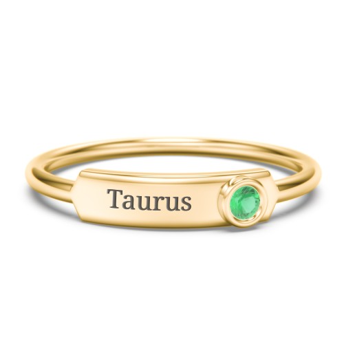 Engravable Bar Ring with Birthstone – 10K Yellow Gold with Emerald