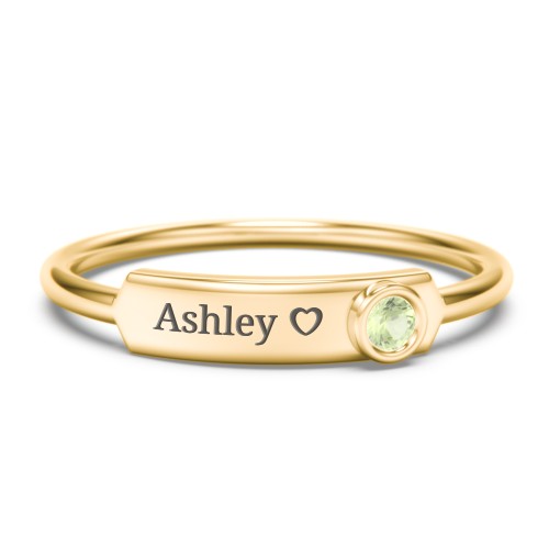 Engravable Bar Ring with Birthstone – 10K Yellow Gold with Peridot