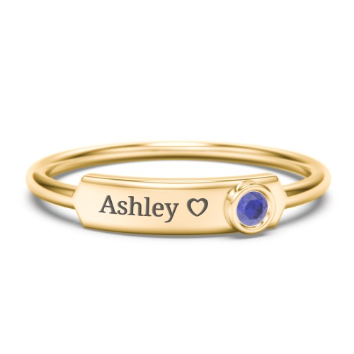 Engravable Bar Ring with Birthstone – 10K Yellow Gold with Blue Sapphire