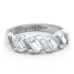 Spiral Baguette Ring in 925 Sterling Silver with Aquamarine and Blue Sapphire