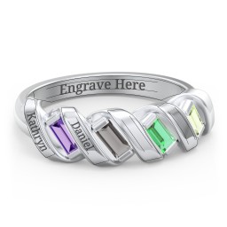 Spiral Baguette Ring in 10K Solid White Gold with Amethyst, Smokey Quartz, Emerald, Peridot, and Blue Sapphire