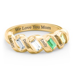 Spiral Baguette Ring in 10K Solid Yellow Gold with Diamond, Emerald, Peridot, and Blue Sapphire