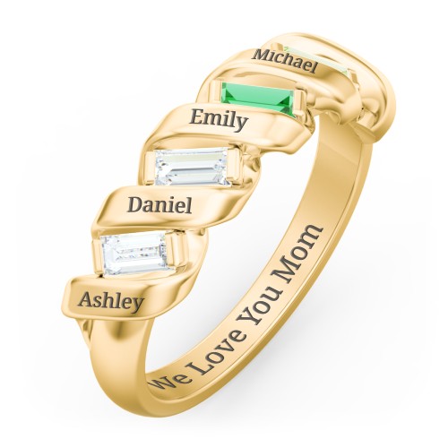 Spiral Baguette Ring – 10K Yellow Gold with Diamond, Emerald, and Peridot