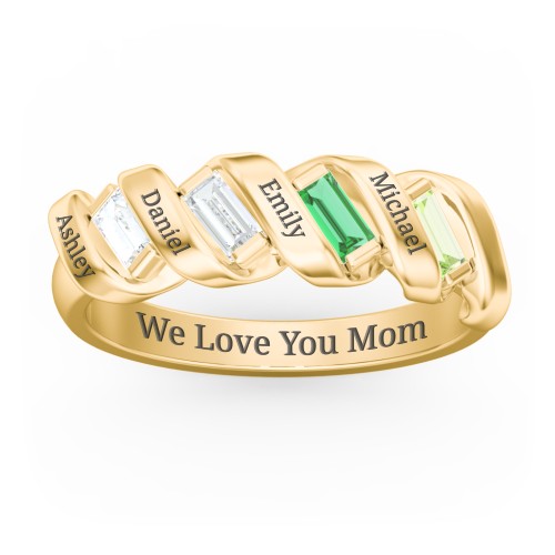 Spiral Baguette Ring – 10K Yellow Gold with Diamond, Emerald, and Peridot
