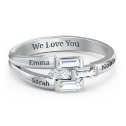 Engravable 3 Baguette Gemstone Ring with Accents in 925 Sterling Silver