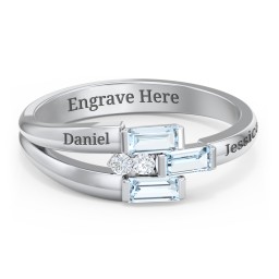 Engravable 3 Baguette Gemstone Ring with Accents in 925 Sterling Silver with Aquamarine and White Premium Zirconia