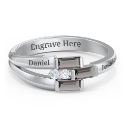 Engravable 3 Baguette Gemstone Ring with Accents in 925 Sterling Silver with Smokey Quartz and White Premium Zirconia
