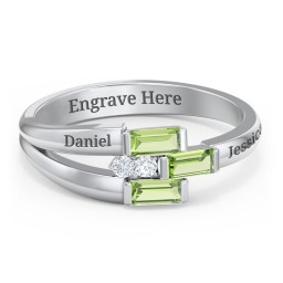Engravable 3 Baguette Gemstone Ring with Accents in 925 Sterling Silver with Peridot and White Premium Zirconia