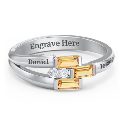 Engravable 3 Baguette Gemstone Ring with Accents in 925 Sterling Silver with Citrine and White Premium Zirconia