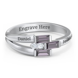 Engravable 3 Baguette Gemstone Ring with Accents in 925 Sterling Silver with Alexandrite and White Premium Zirconia