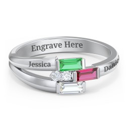 Engravable 3 Baguette Gemstone Ring with Accents in 925 Sterling Silver with Emerald, Ruby, Cubic Zirconia, and White Premium Zirconia