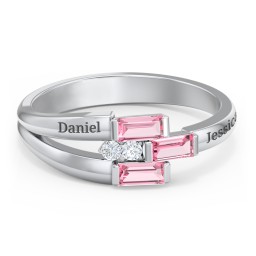 Engravable 3 Baguette Gemstone Ring with Accents in 925 Sterling Silver with Pink Tourmaline and White Premium Zirconia