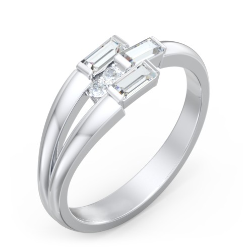 Engravable 3 Baguette Gemstone Ring with Accents – Sterling Silver with Cubic Zirconia and White Premium Zirconia