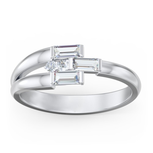Engravable 3 Baguette Gemstone Ring with Accents – Sterling Silver with Cubic Zirconia and White Premium Zirconia