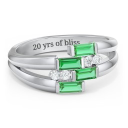 Engravable 4 Baguette Gemstone Ring with Accents in 925 Sterling Silver with Emerald and White Premium Zirconia
