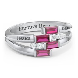 Engravable 4 Baguette Gemstone Ring with Accents in 925 Sterling Silver with Ruby and White Premium Zirconia