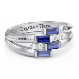 Engravable 4 Baguette Gemstone Ring with Accents in 925 Sterling Silver with Blue Sapphire and White Premium Zirconia