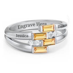 Engravable 4 Baguette Gemstone Ring with Accents in 925 Sterling Silver with Citrine and White Premium Zirconia