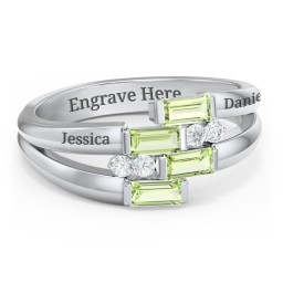 Engravable 4 Baguette Gemstone Ring with Accents in 925 Sterling Silver with Peridot and White Premium Zirconia