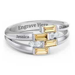 Engravable 4 Baguette Gemstone Ring with Accents in 925 Sterling Silver with Citrine and White Premium Zirconia