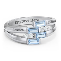 Engravable 4 Baguette Gemstone Ring with Accents in 925 Sterling Silver with Blue Topaz and White Premium Zirconia