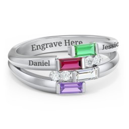 Engravable 4 Baguette Gemstone Ring with Accents in 925 Sterling Silver with Emerald, Ruby, Cubic Zirconia, Amethyst, and White Premium Zirconia