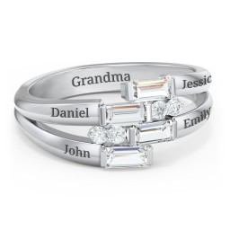 Engravable 4 Baguette Gemstone Ring with Accents in 925 Sterling Silver