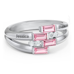 Engravable 4 Baguette Gemstone Ring with Accents in 925 Sterling Silver with Pink Tourmaline and White Premium Zirconia