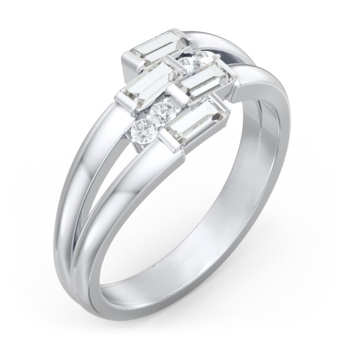Engravable 4 Baguette Gemstone Ring with Accents – Sterling Silver with Cubic Zirconia and White Premium Zirconia
