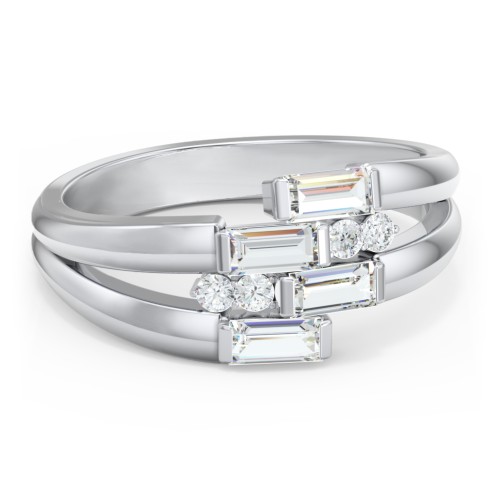 Engravable 4 Baguette Gemstone Ring with Accents – Sterling Silver with Cubic Zirconia and White Premium Zirconia