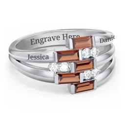Engravable 5 Baguette Gemstone Ring with Accents in 925 Sterling Silver with Garnet and White Premium Zirconia