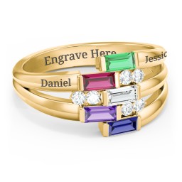 Engravable 5 Baguette Gemstone Ring with Accents in 10K Solid Yellow Gold with Emerald, Ruby, Cubic Zirconia, Amethyst, Blue Sapphire, and White Premium Zirconia