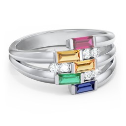 Engravable 5 Baguette Gemstone Ring with Accents in 925 Sterling Silver with Ruby, Citrine, Emerald, Blue Sapphire, and White Premium Zirconia