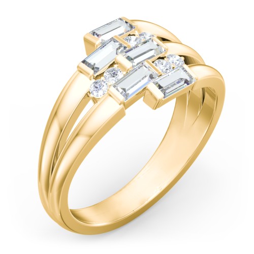 Engravable 5 Baguette Gemstone Ring with Accents – 10K Yellow Gold with Cubic Zirconia and White Premium Zirconia