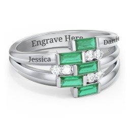 Engravable 5 Baguette Gemstone Ring with Accents in 925 Sterling Silver with Emerald and White Premium Zirconia