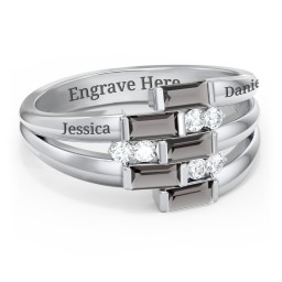 Engravable 5 Baguette Gemstone Ring with Accents in 925 Sterling Silver with Smokey Quartz and White Premium Zirconia