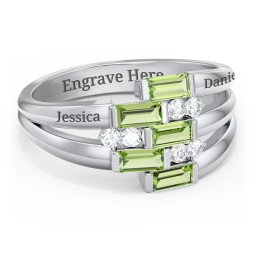 Engravable 5 Baguette Gemstone Ring with Accents in 925 Sterling Silver with Peridot and White Premium Zirconia