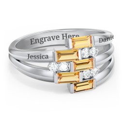 Engravable 5 Baguette Gemstone Ring with Accents in 925 Sterling Silver with Citrine and White Premium Zirconia