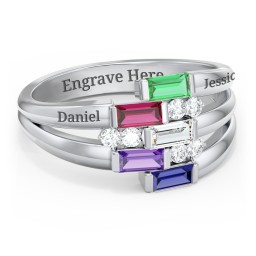 Engravable 5 Baguette Gemstone Ring with Accents in 925 Sterling Silver with Emerald, Ruby, Cubic Zirconia, Amethyst, Blue Sapphire, and White Premium Zirconia